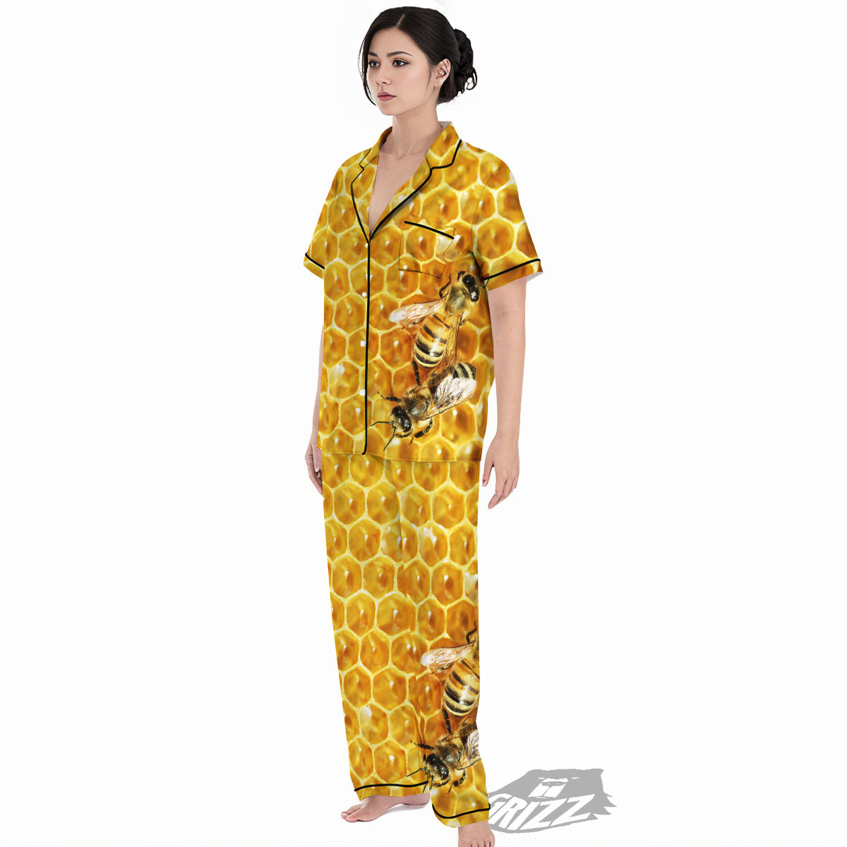 Honeycomb And Bees Print Women's Pajamas Set-grizzshop