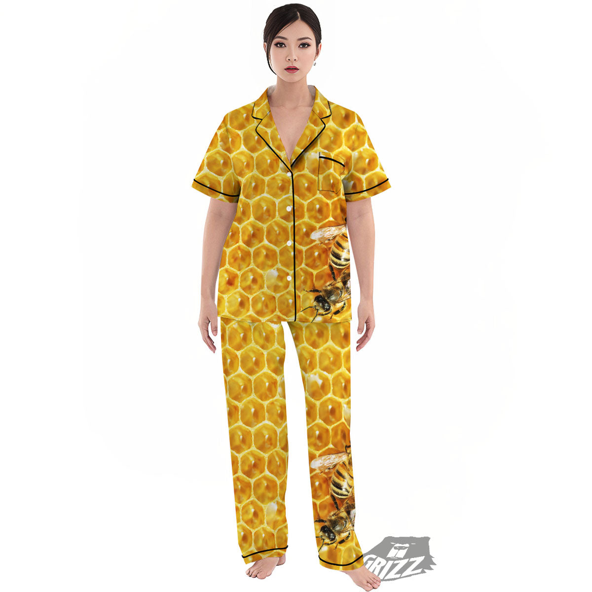 Honeycomb And Bees Print Women's Pajamas Set-grizzshop