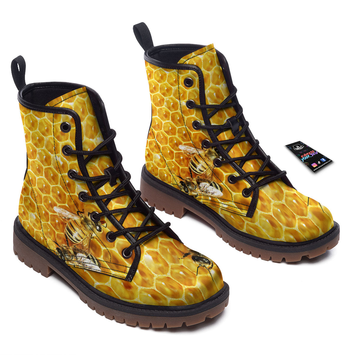 Honeycomb And Bees Print Work Boots-grizzshop
