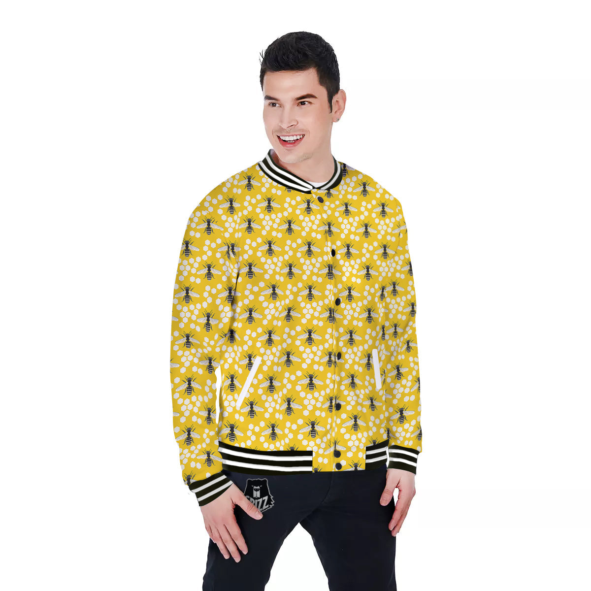 Honeycomb Bee Print Pattern Baseball Jacket-grizzshop