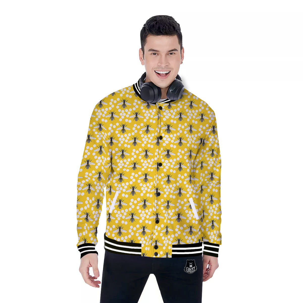 Honeycomb Bee Print Pattern Baseball Jacket-grizzshop