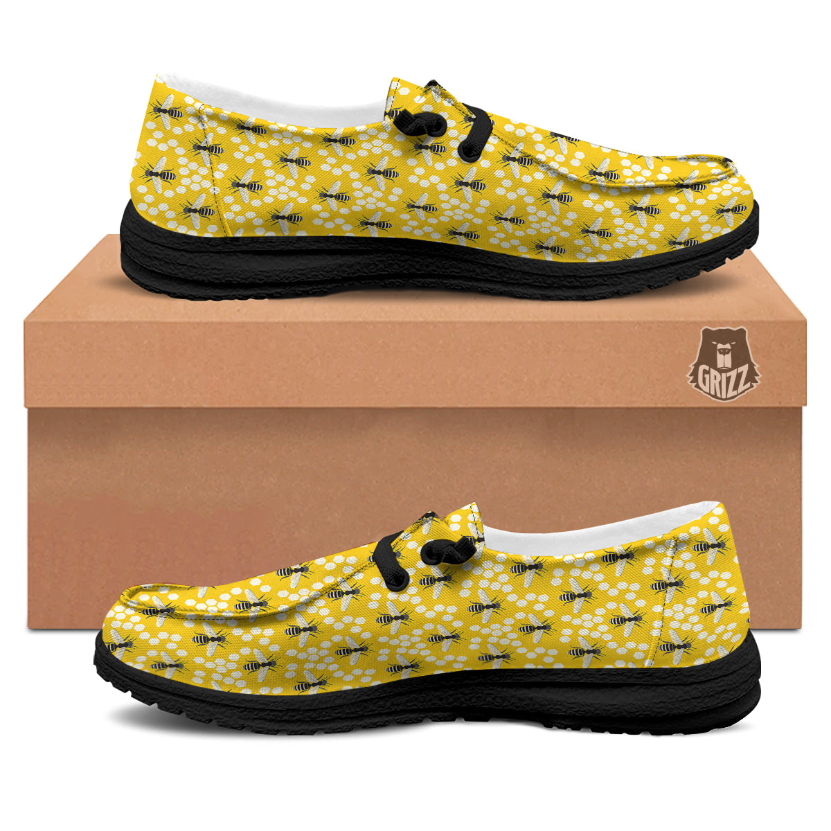 Honeycomb Bee Print Pattern Black Loafers-grizzshop