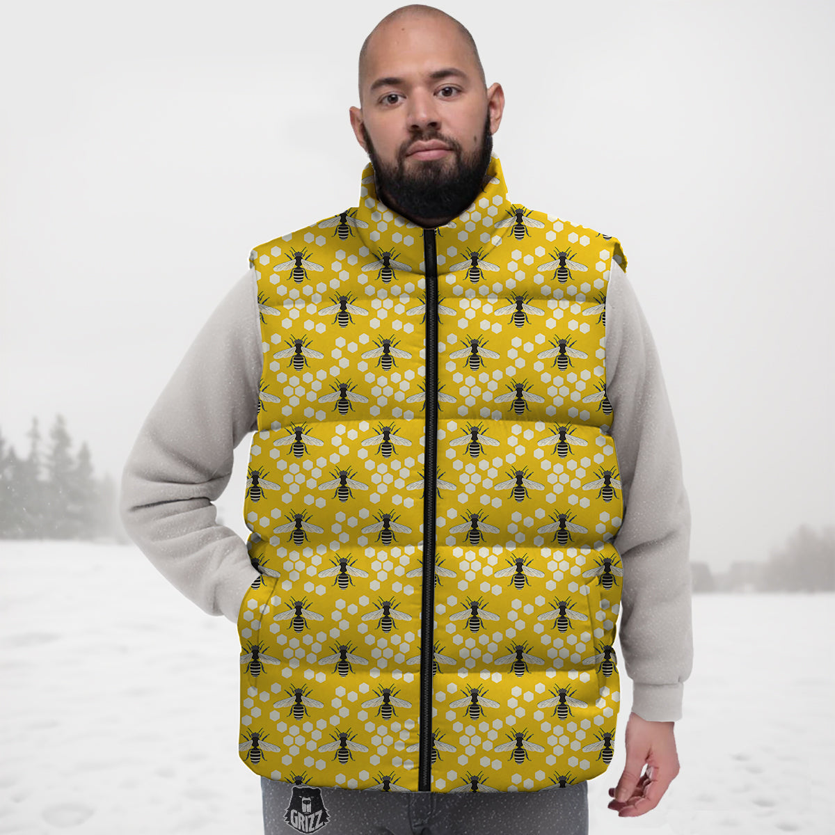 Honeycomb Bee Print Pattern Down Vest