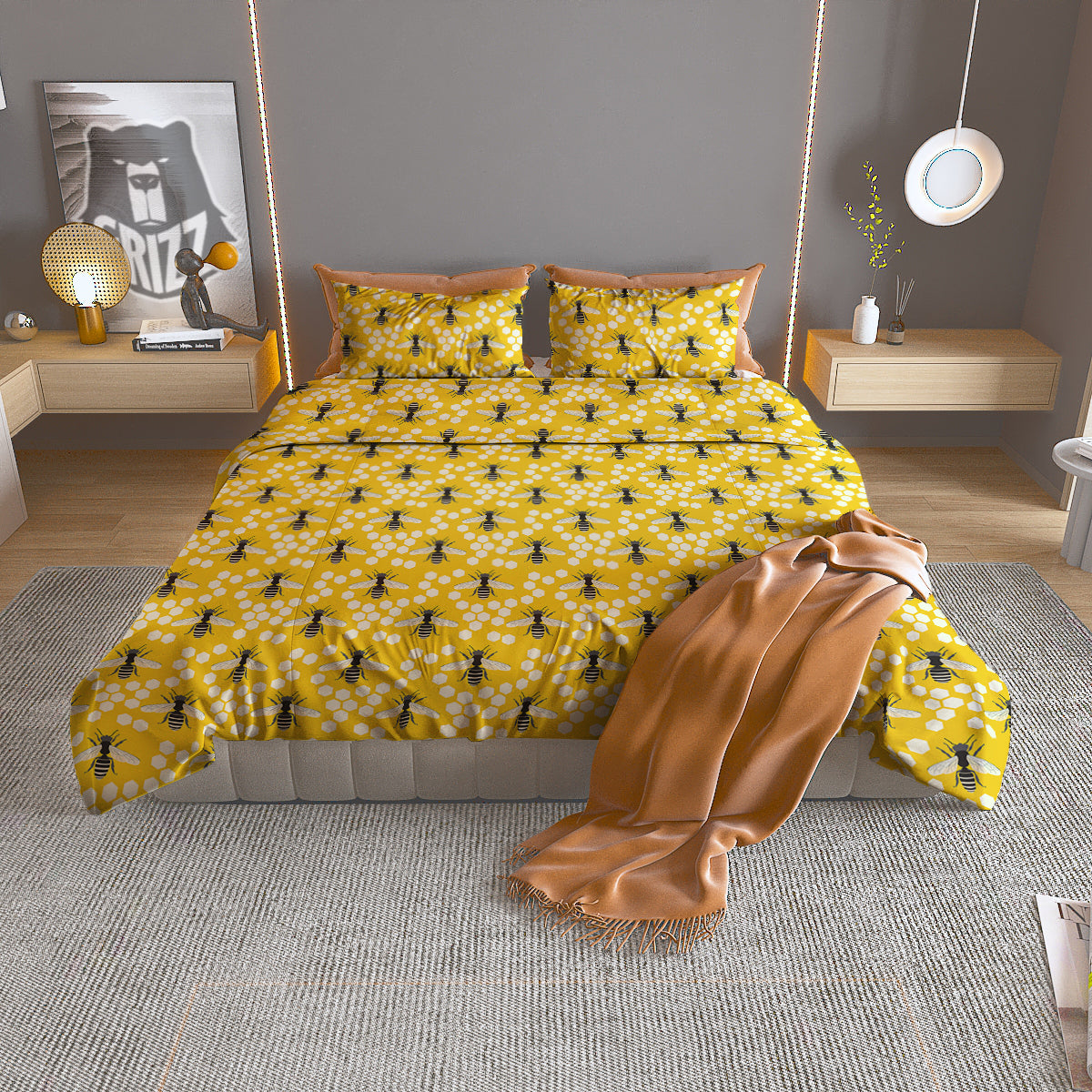 Honeycomb Bee Print Pattern Duvet Cover Bedding Set