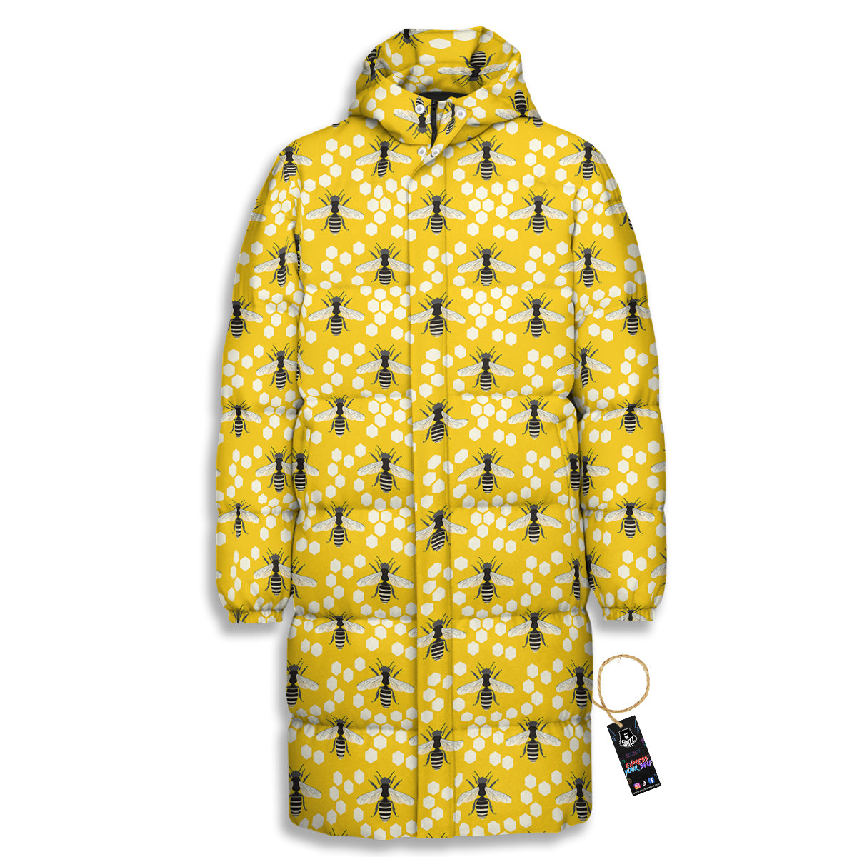 Honeycomb Bee Print Pattern Long Down Jacket-grizzshop