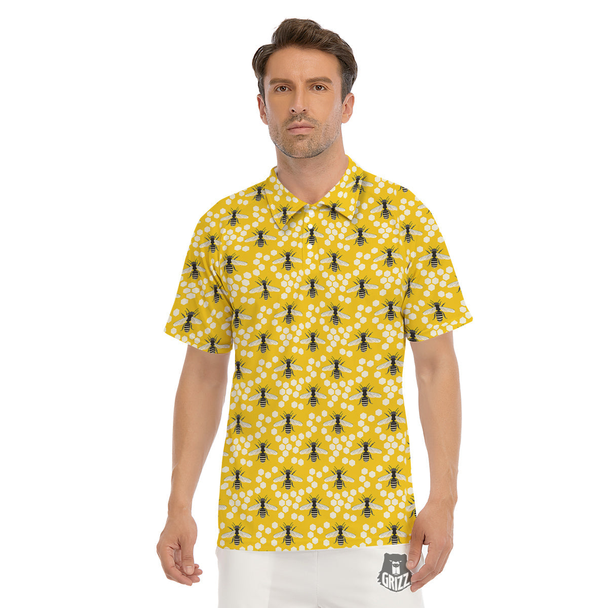 Honeycomb Bee Print Pattern Men's Golf Shirts-grizzshop
