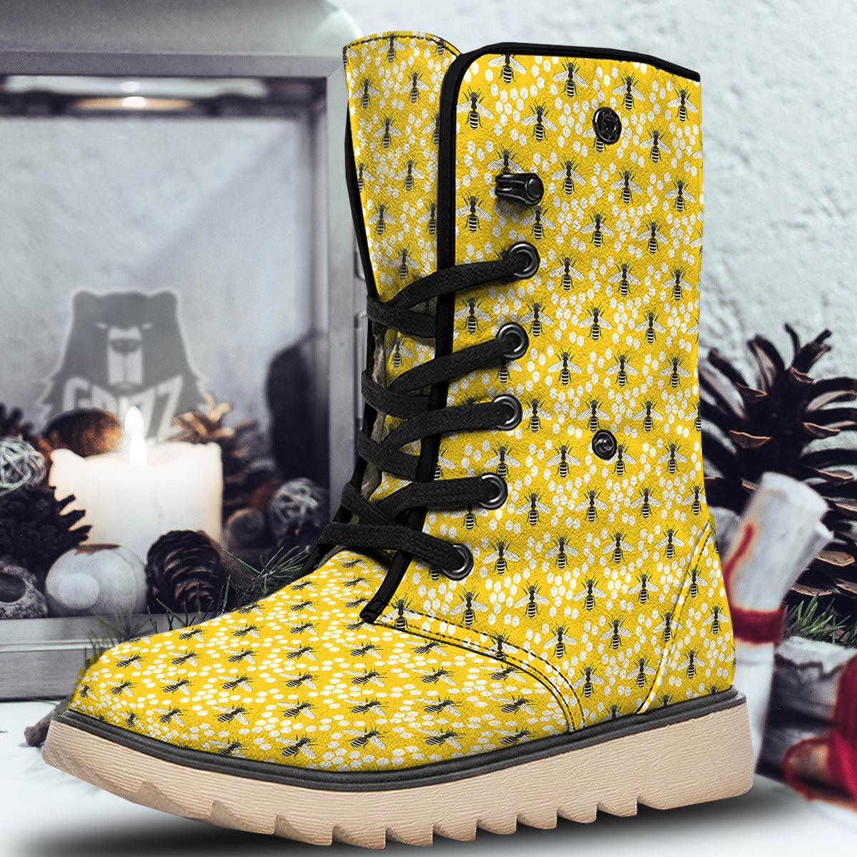 Honeycomb Bee Print Pattern Snow Boots-grizzshop
