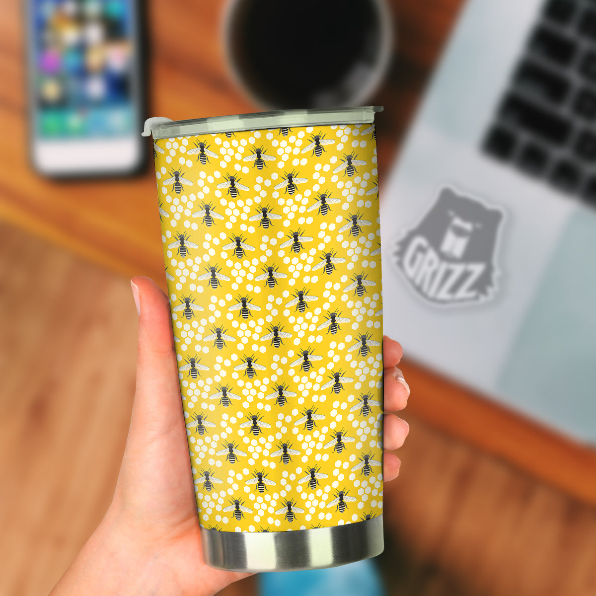 Honeycomb Bee Print Pattern Tumbler-grizzshop