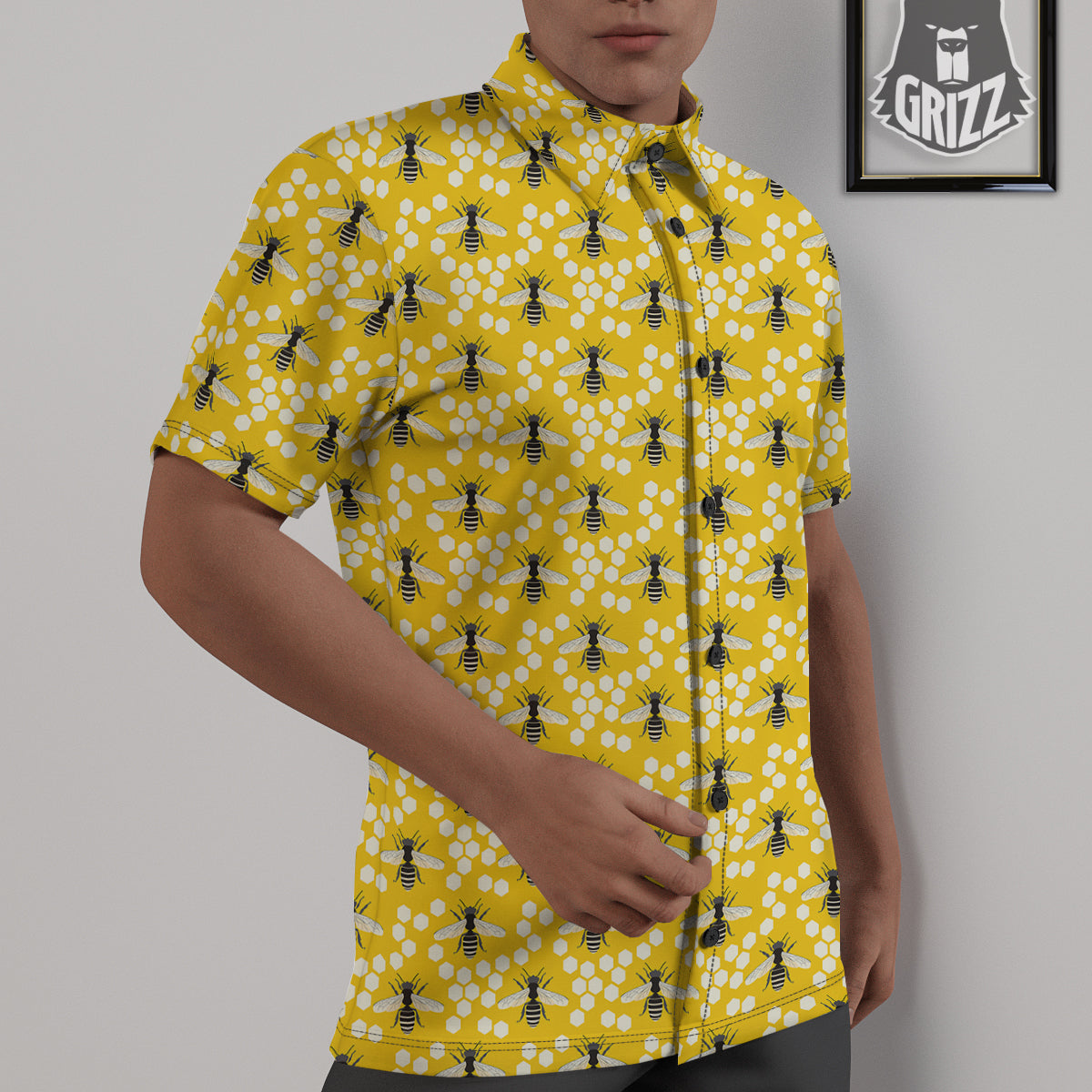Honeycomb Bee Print Pattern Untucked Shirts-grizzshop