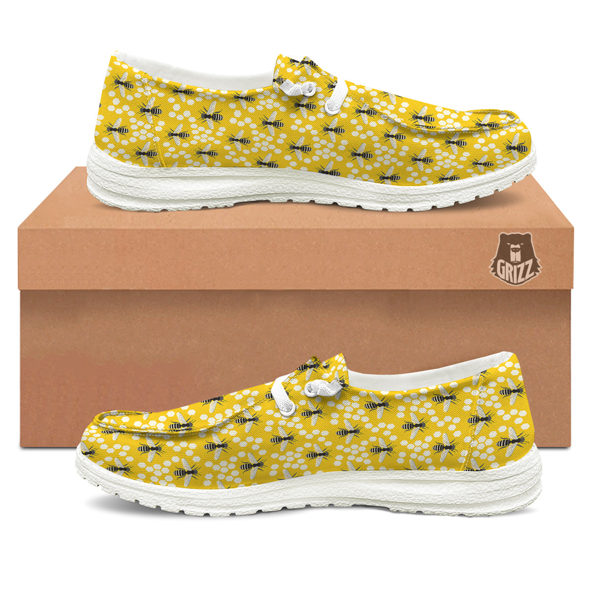 Honeycomb Bee Print Pattern White Loafers-grizzshop
