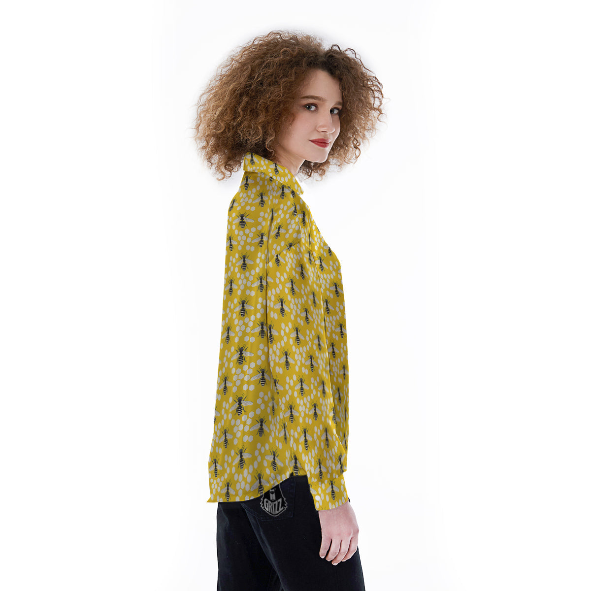 Honeycomb Bee Print Pattern Women's Long Sleeve Shirts-grizzshop