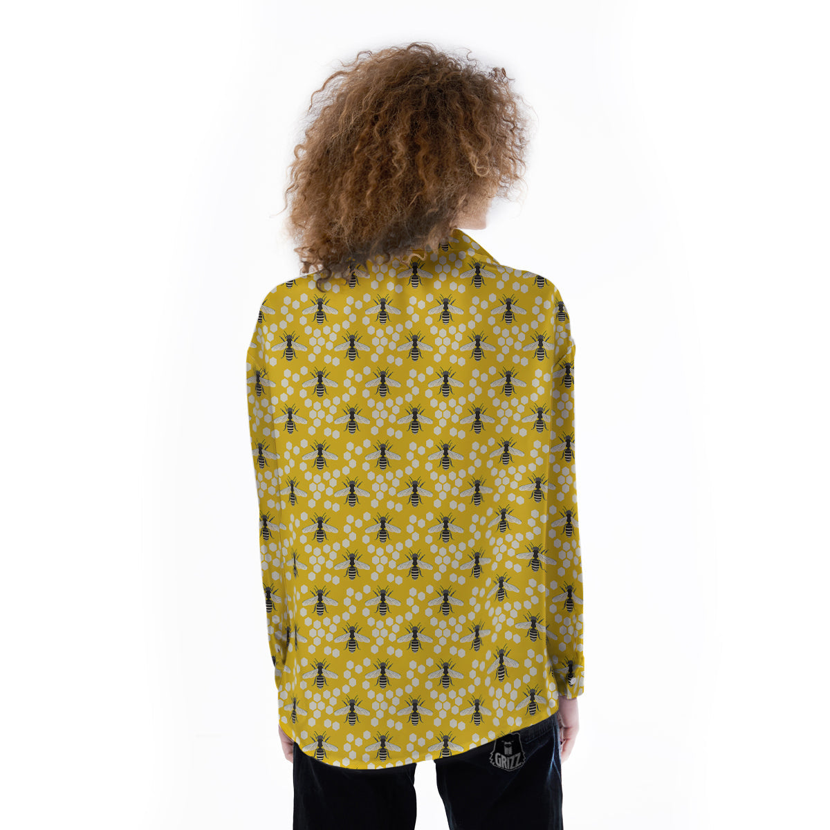 Honeycomb Bee Print Pattern Women's Long Sleeve Shirts-grizzshop