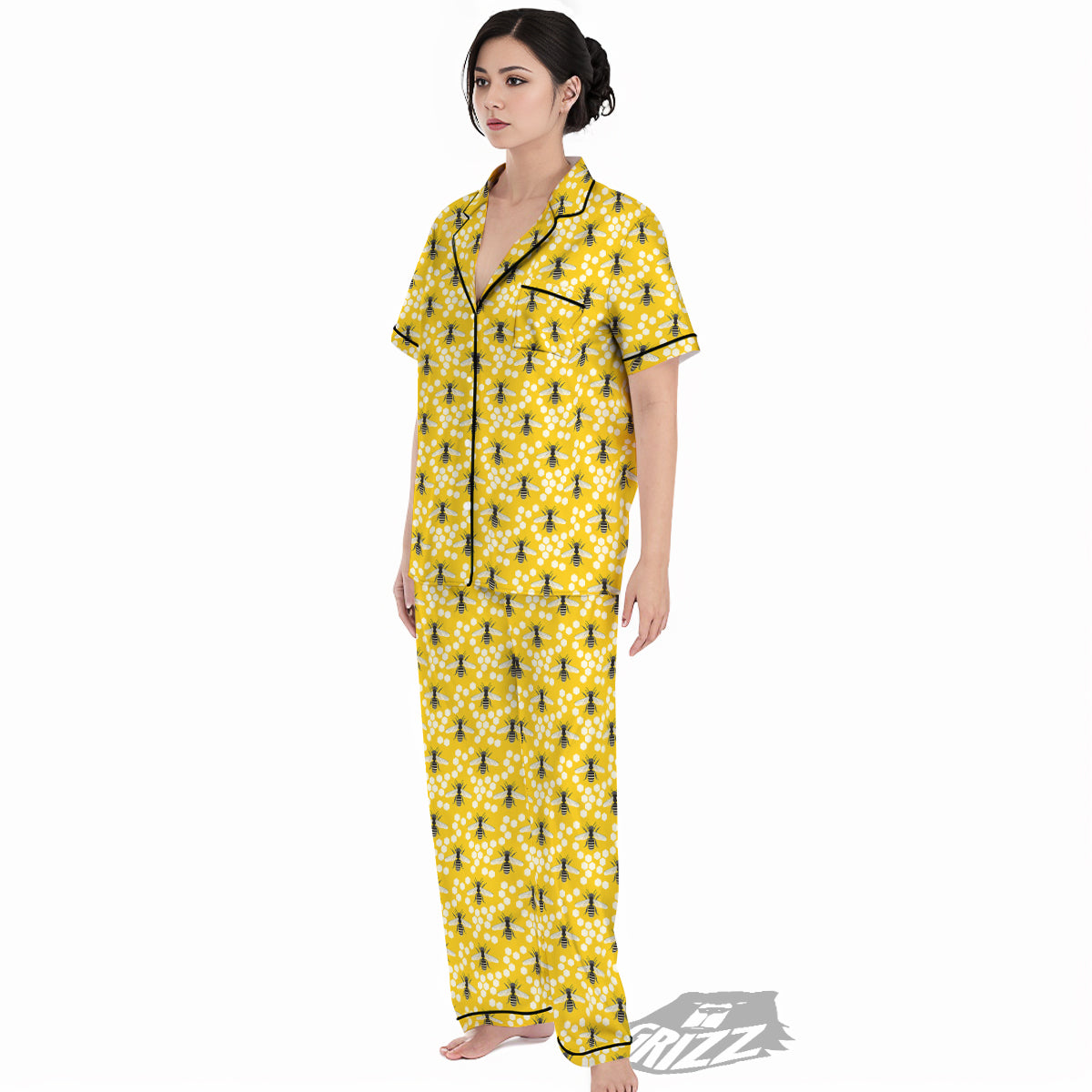 Honeycomb Bee Print Pattern Women's Pajamas Set-grizzshop