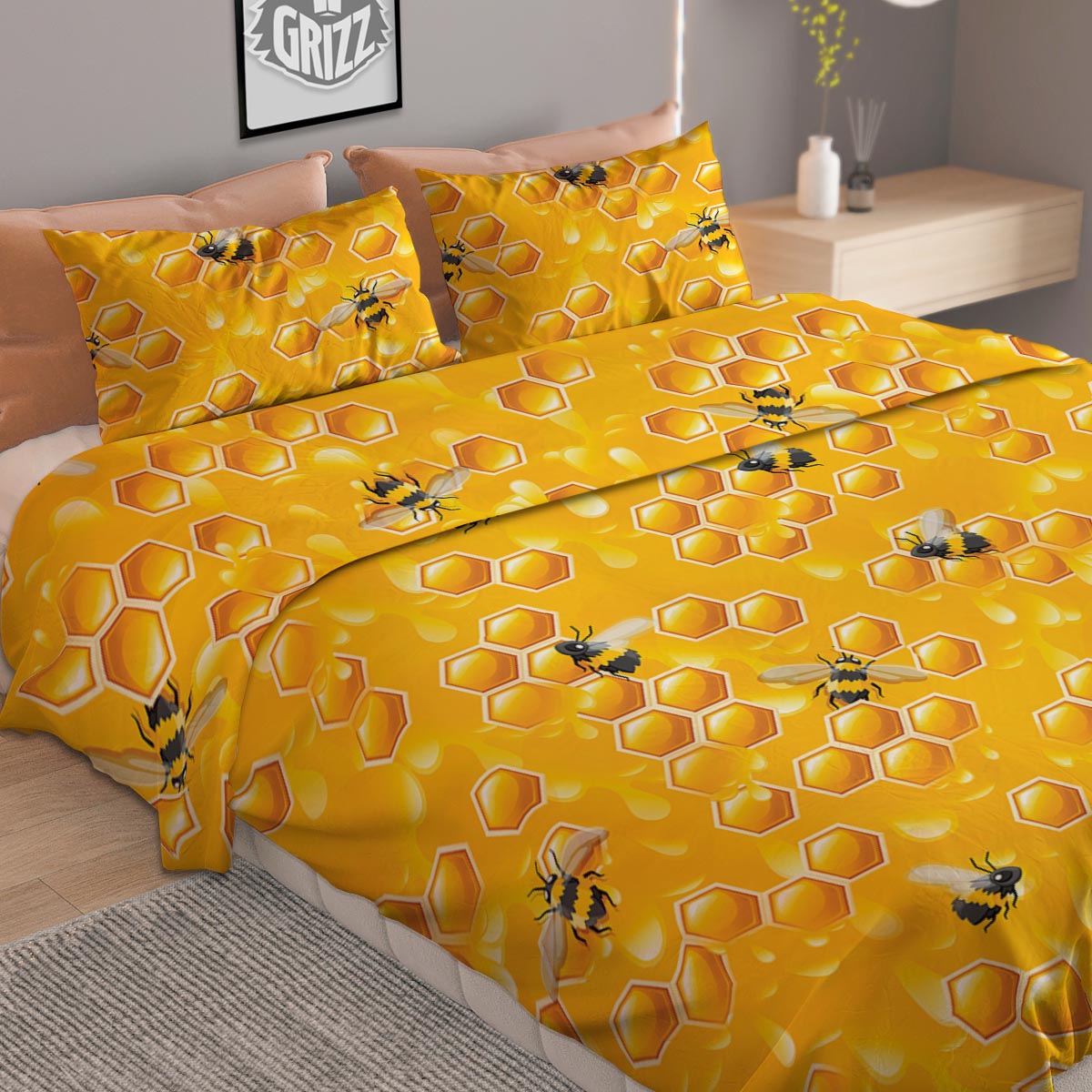 Honeycomb Sweet Honey Print Pattern Duvet Cover Bedding Set