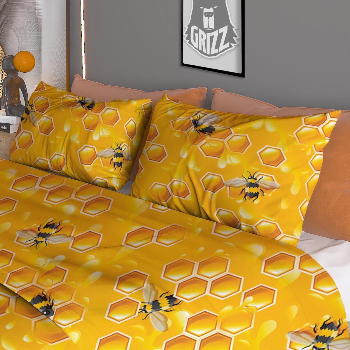 Honeycomb Sweet Honey Print Pattern Duvet Cover Bedding Set