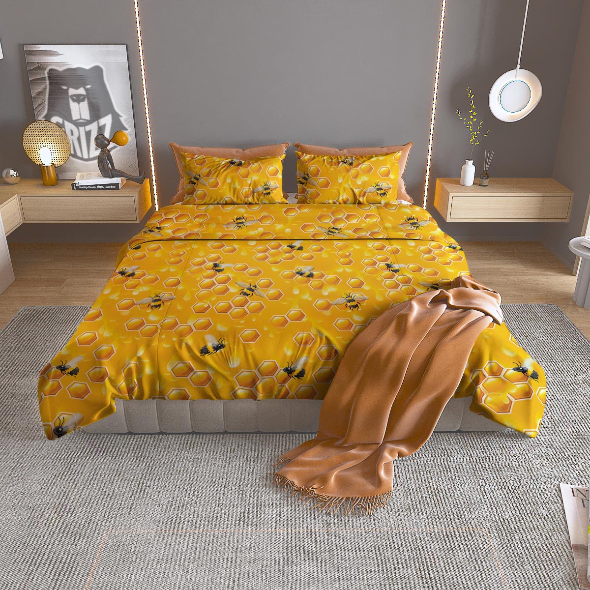 Honeycomb Sweet Honey Print Pattern Duvet Cover Bedding Set