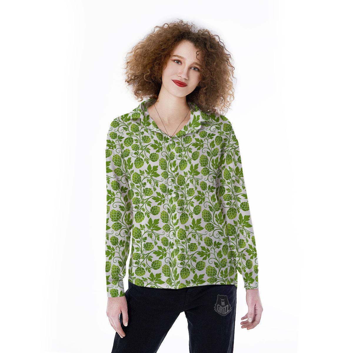 Hop Cone Cartoon Print Pattern Women's Long Sleeve Shirts-grizzshop