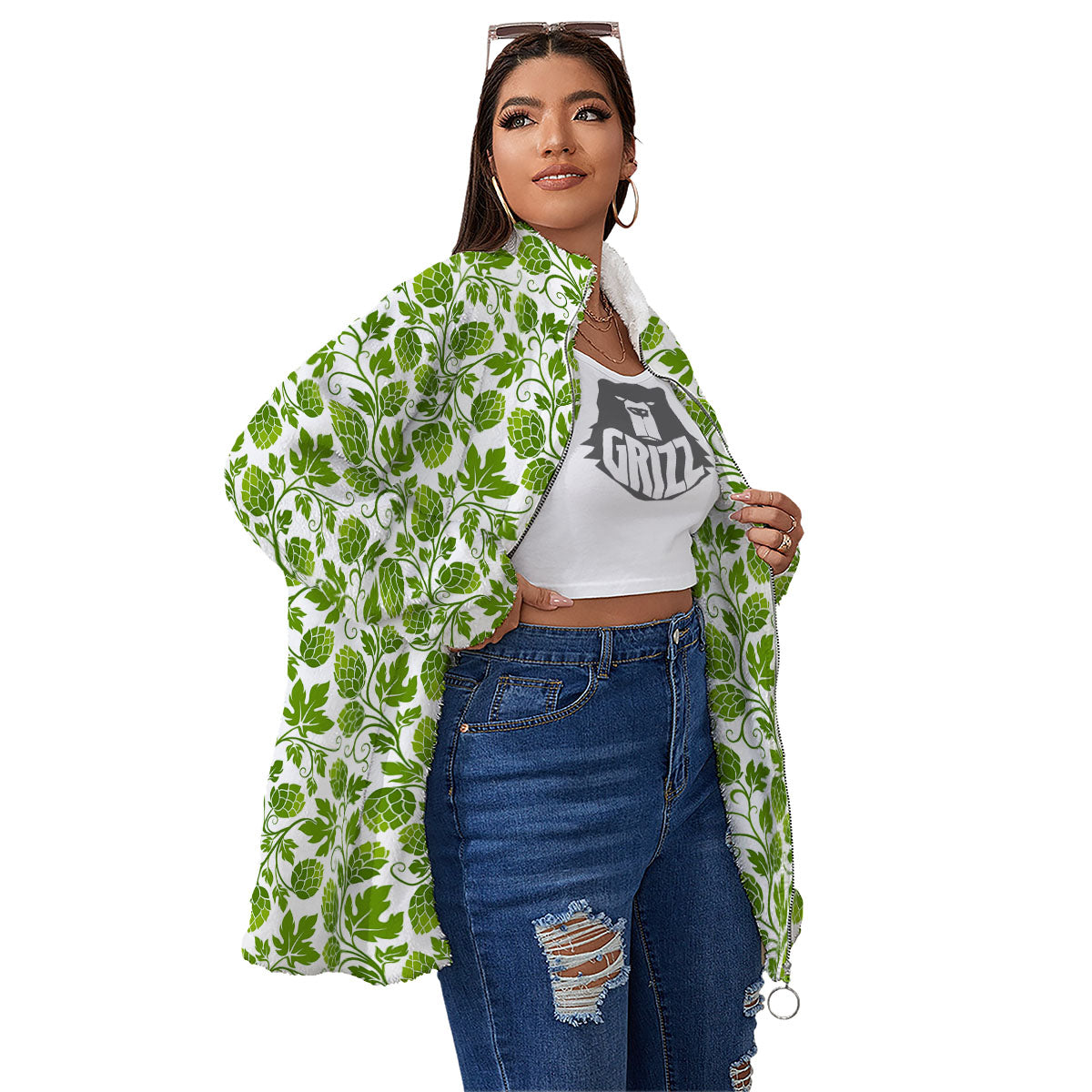 Hop Cone Cartoon Print Pattern Women's Sherpa Jacket-grizzshop