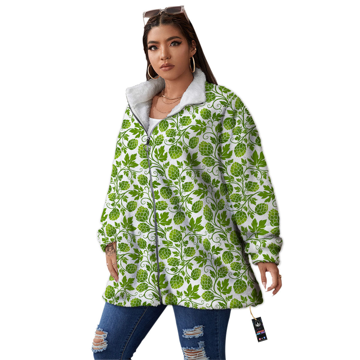 Hop Cone Cartoon Print Pattern Women's Sherpa Jacket-grizzshop