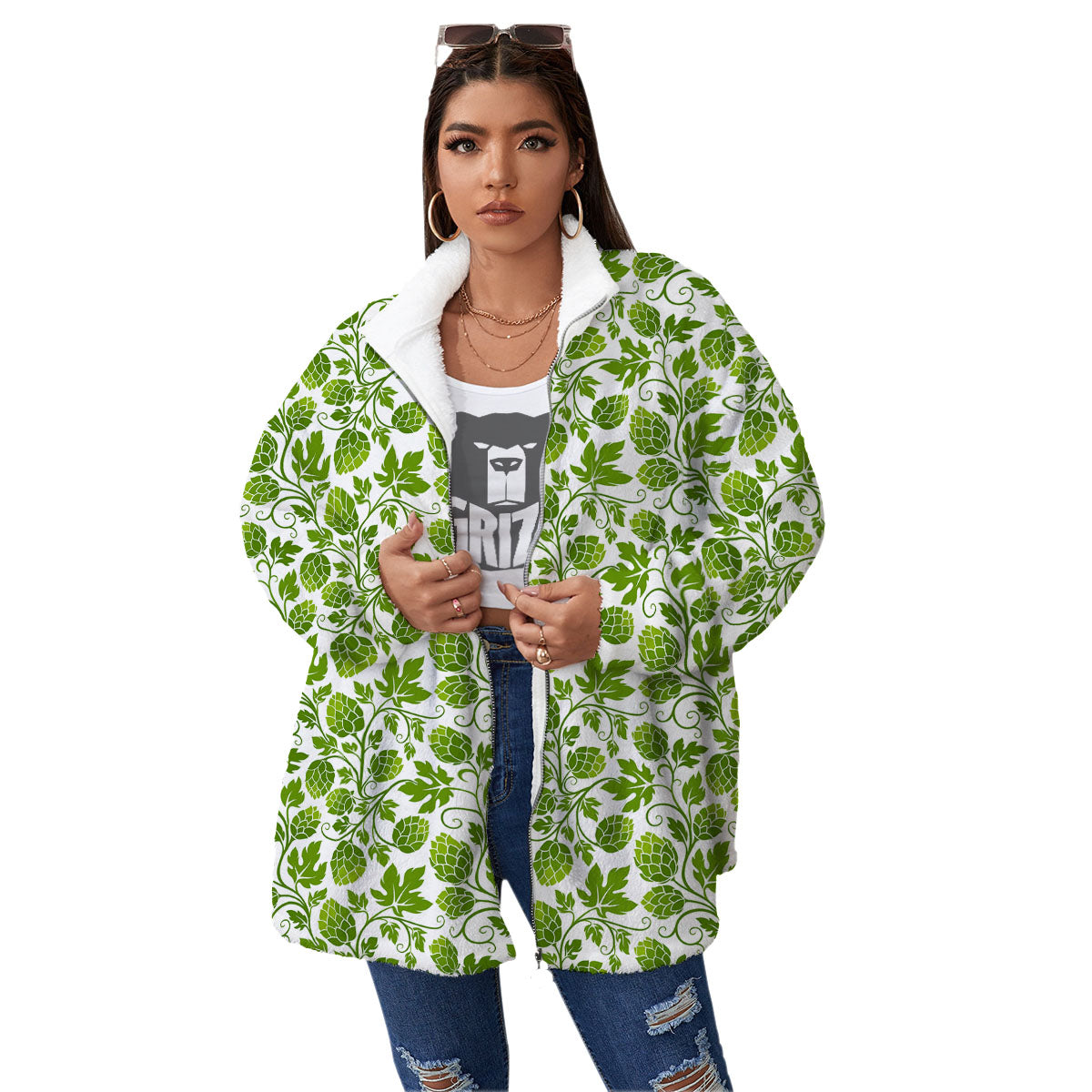 Hop Cone Cartoon Print Pattern Women's Sherpa Jacket-grizzshop