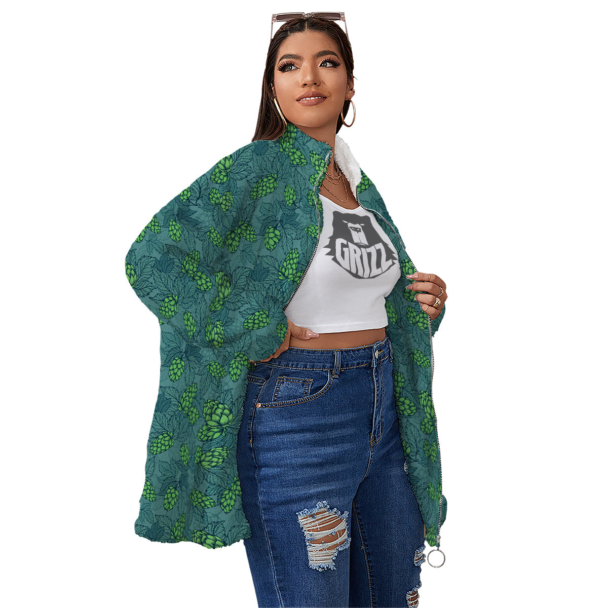 Hop Cone Cute Print Pattern Women's Sherpa Jacket-grizzshop