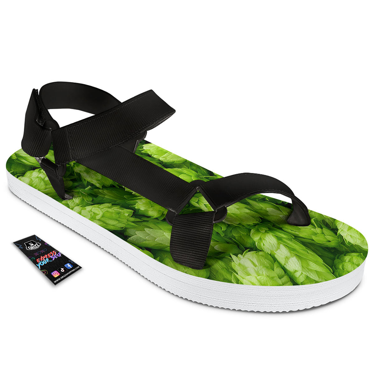 Hop Cone Fresh Print Black Open Toe Sandals-grizzshop