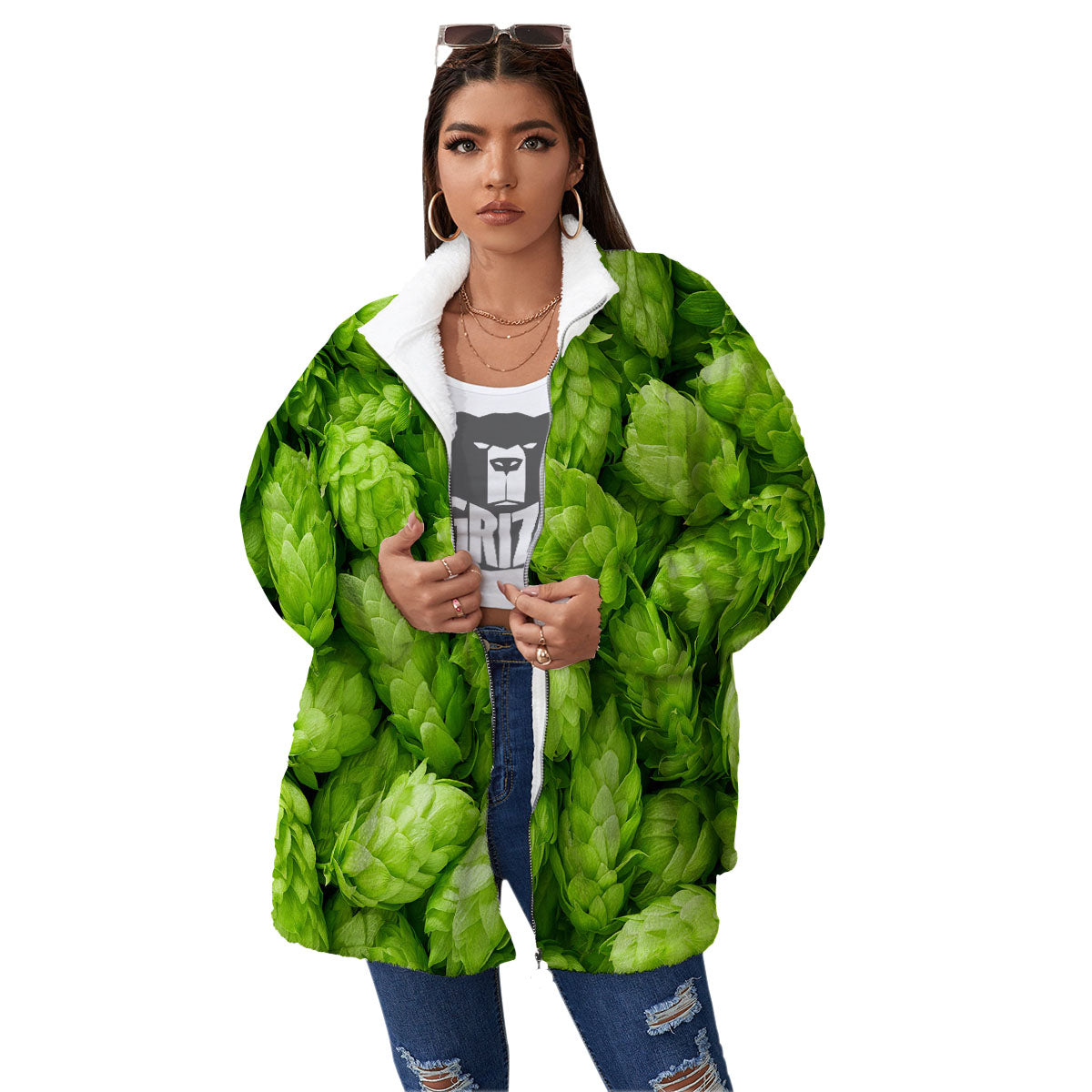 Hop Cone Fresh Print Women's Sherpa Jacket-grizzshop