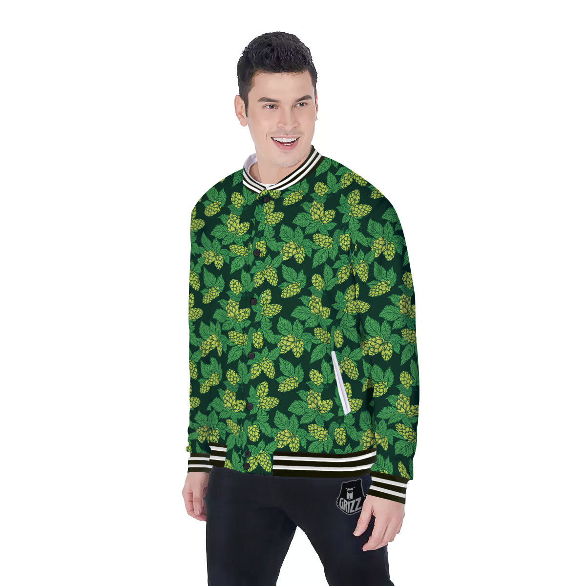 Hop Cone Green Print Pattern Baseball Jacket-grizzshop