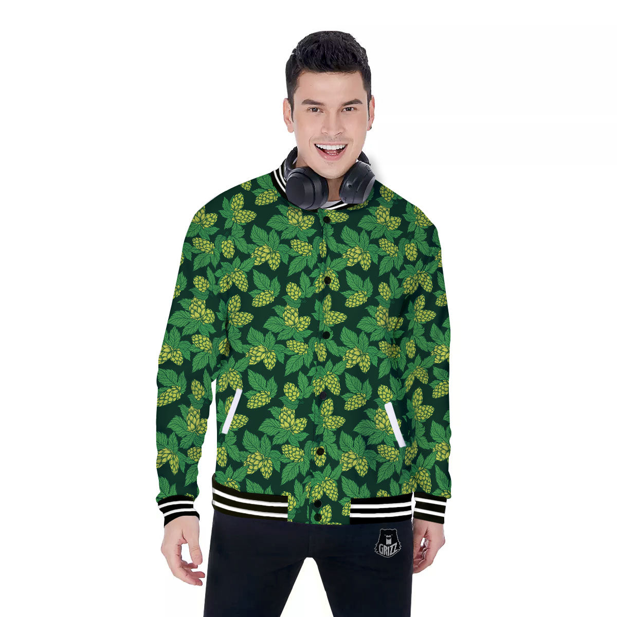 Hop Cone Green Print Pattern Baseball Jacket-grizzshop