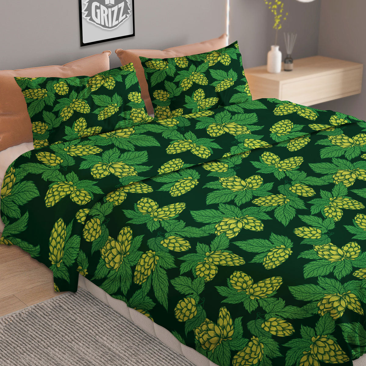 Hop Cone Green Print Pattern Duvet Cover Bedding Set