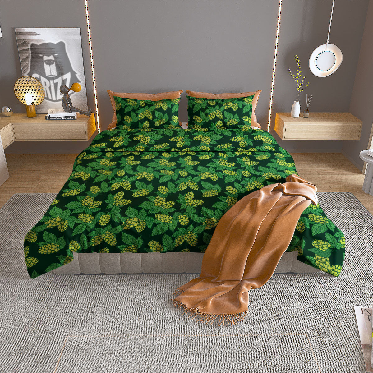 Hop Cone Green Print Pattern Duvet Cover Bedding Set