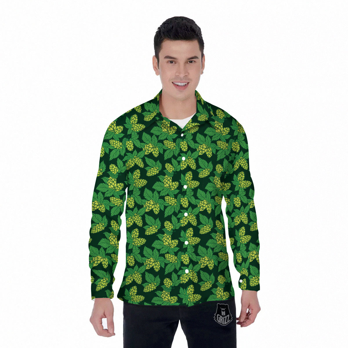 Hop Cone Green Print Pattern Men's Long Sleeve Shirts-grizzshop