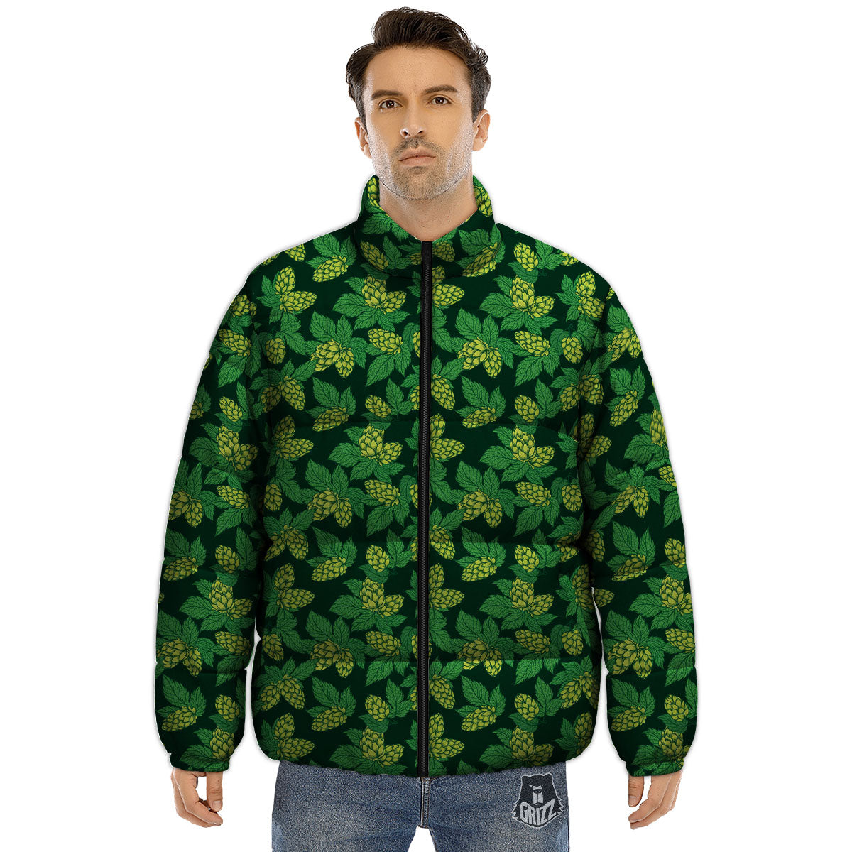 Hop Cone Green Print Pattern Puffer Jacket-grizzshop
