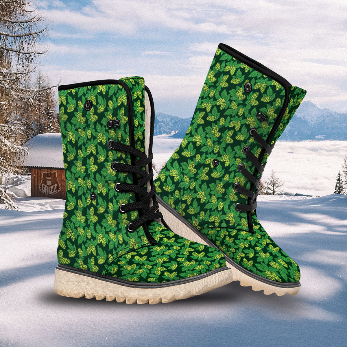 Hop Cone Green Print Pattern Snow Boots-grizzshop
