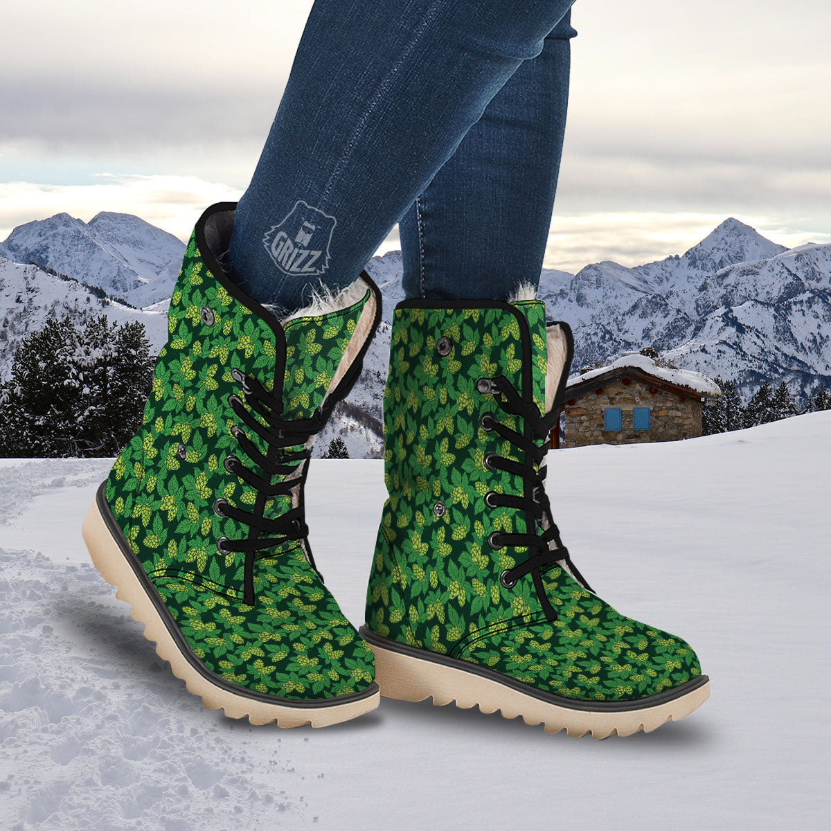 Hop Cone Green Print Pattern Snow Boots-grizzshop