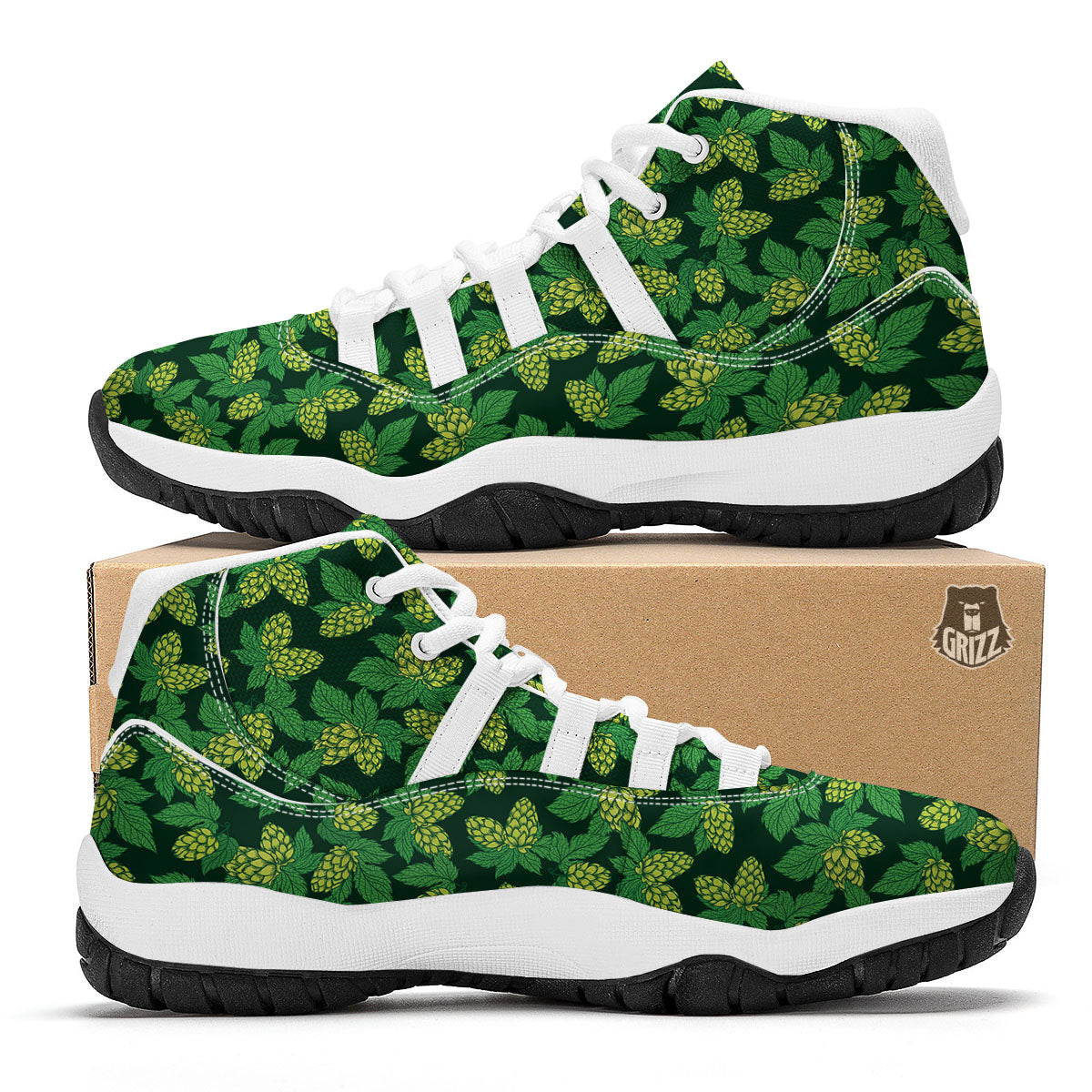 Hop Cone Green Print Pattern White Bball Shoes-grizzshop