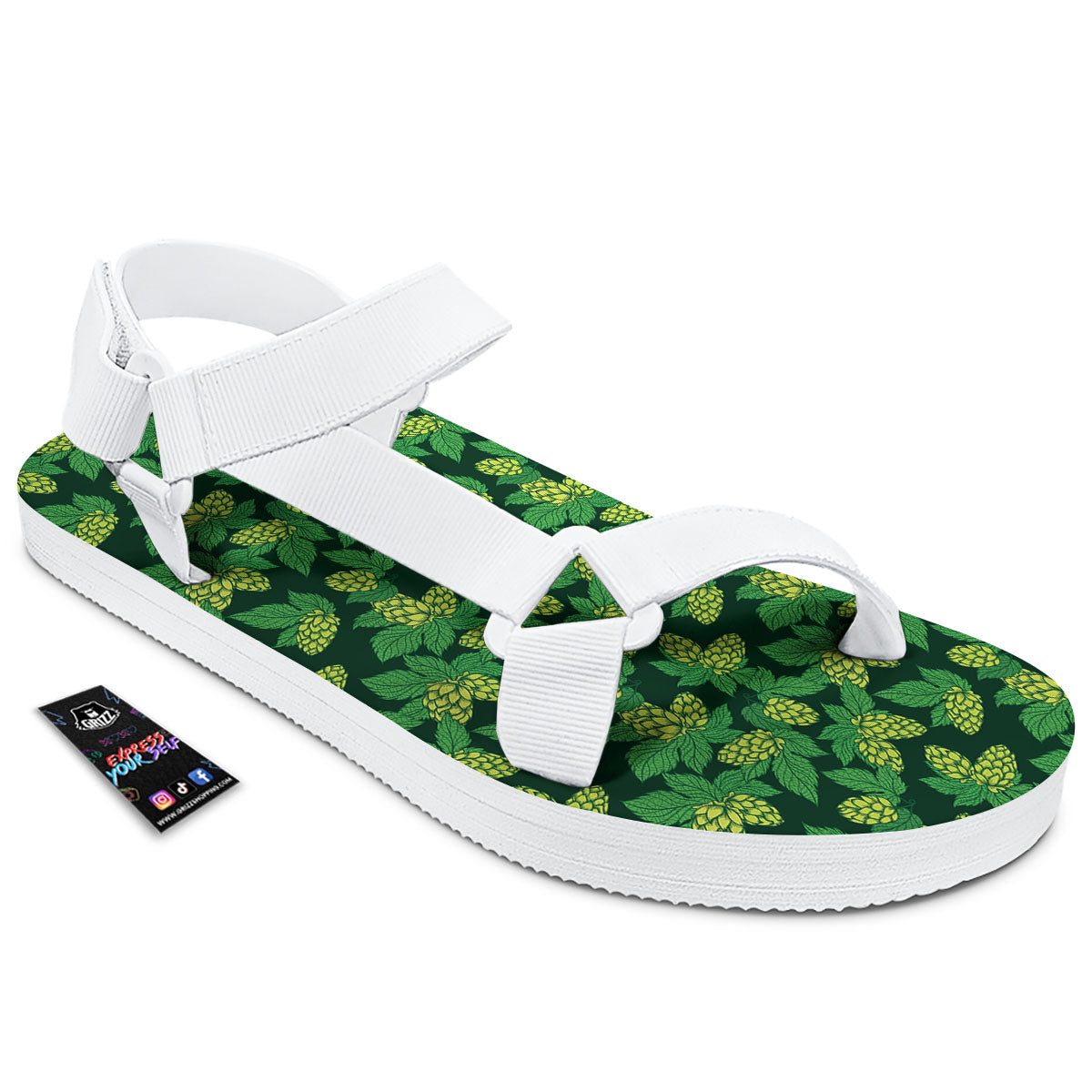 Hop Cone Green Print Pattern White Open Toe Sandals-grizzshop