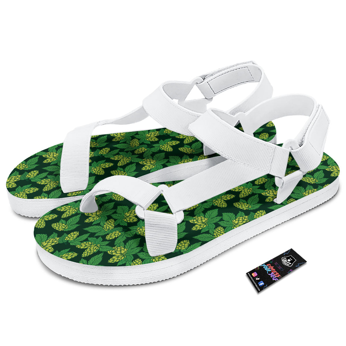 Hop Cone Green Print Pattern White Open Toe Sandals-grizzshop