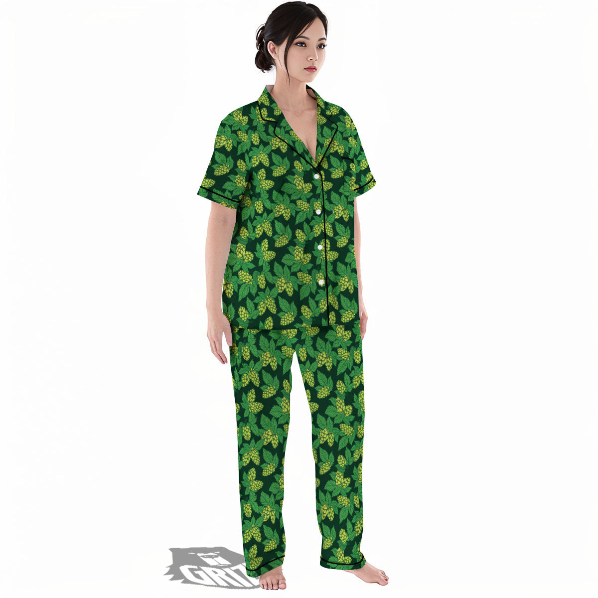 Hop Cone Green Print Pattern Women's Pajamas Set-grizzshop