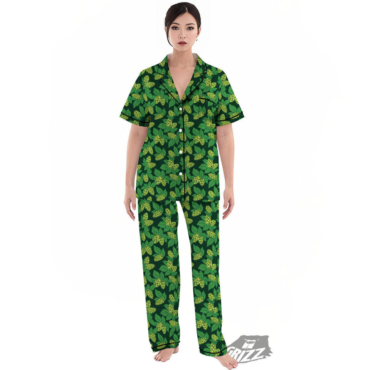 Hop Cone Green Print Pattern Women's Pajamas Set-grizzshop