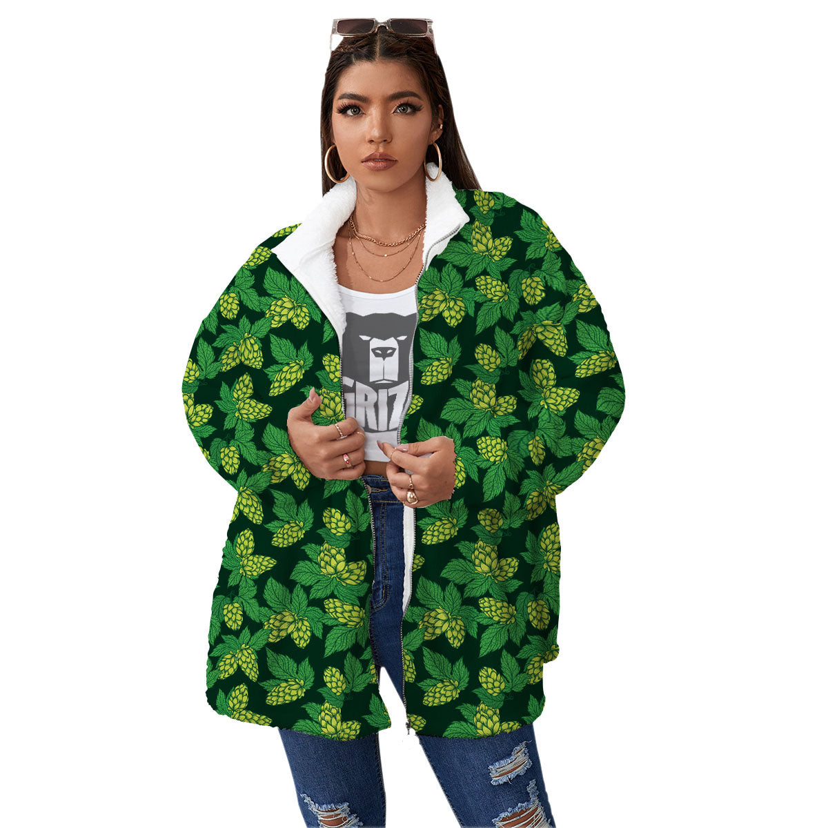Hop Cone Green Print Pattern Women's Sherpa Jacket-grizzshop