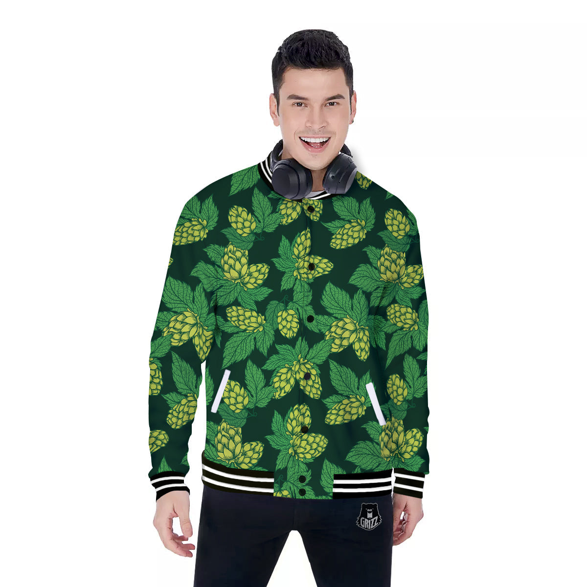 Hop Cone Vintage Print Pattern Baseball Jacket-grizzshop