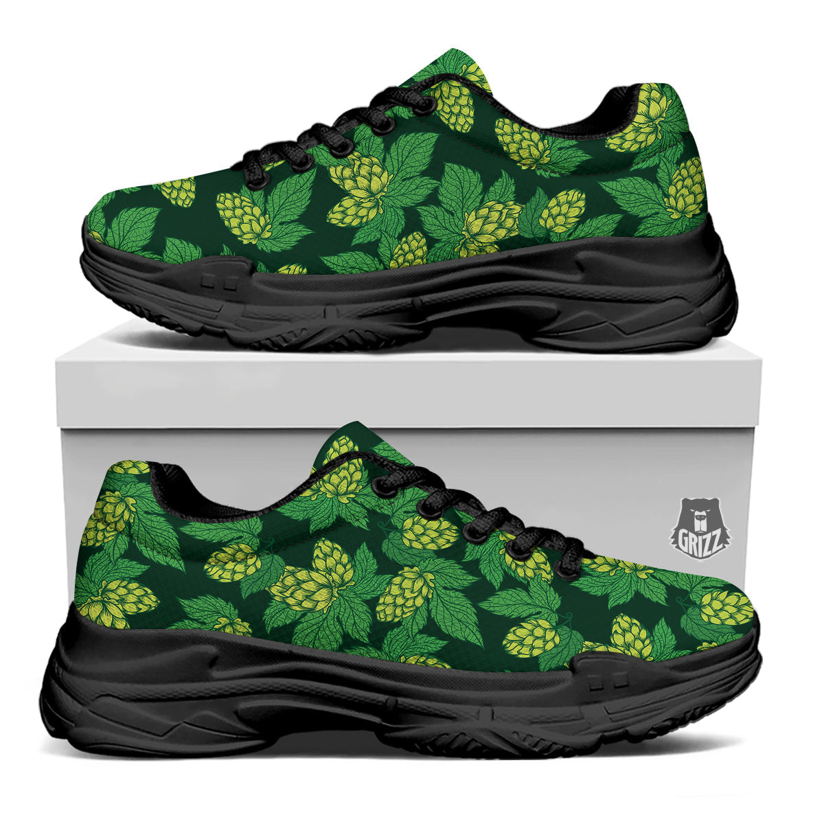Hop Cone Vintage Print Pattern Black Chunky Shoes-grizzshop
