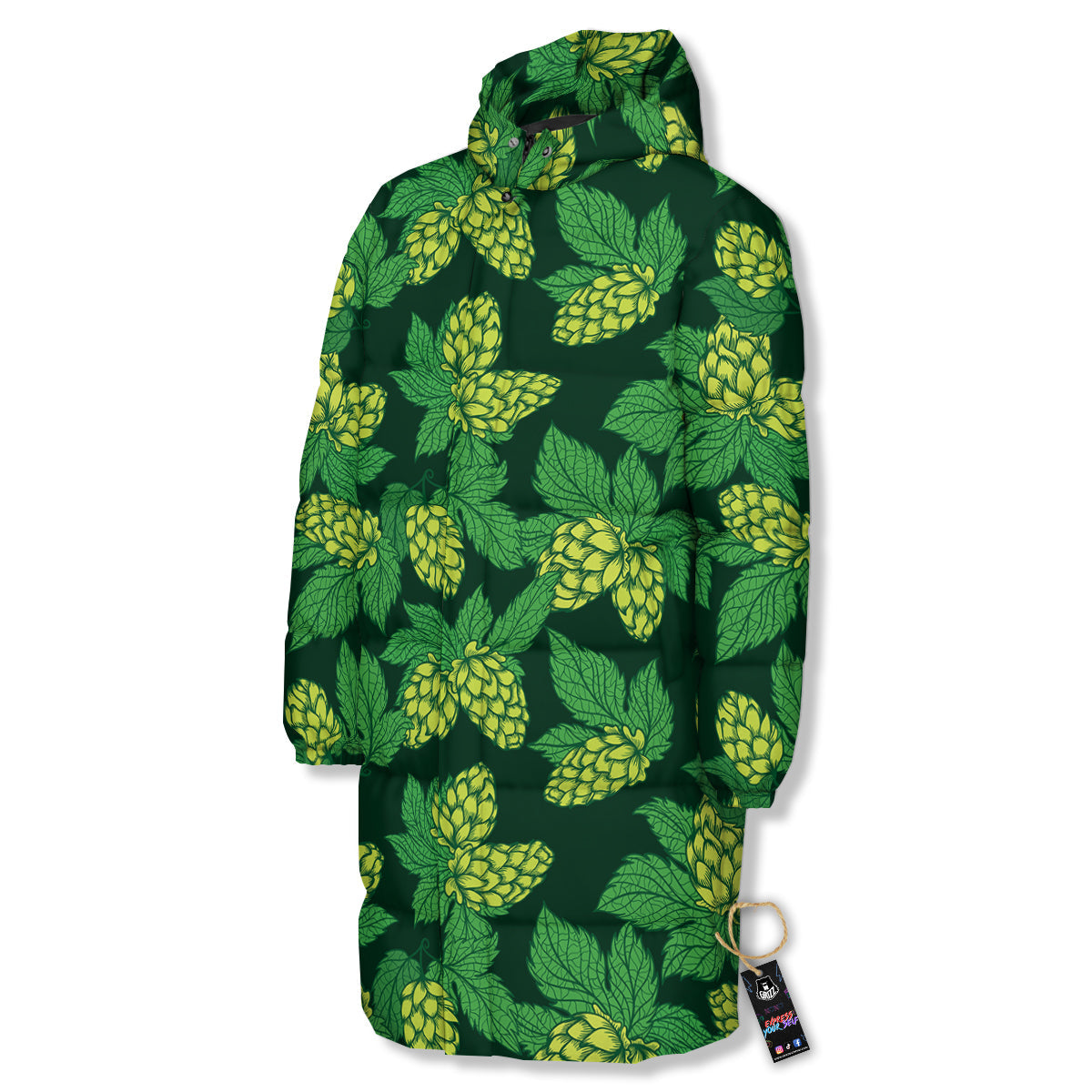 Hop Cone Vintage Print Pattern Long Down Jacket-grizzshop