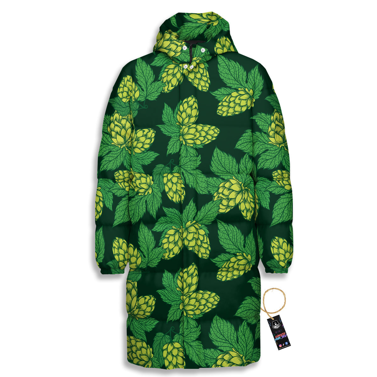 Hop Cone Vintage Print Pattern Long Down Jacket-grizzshop