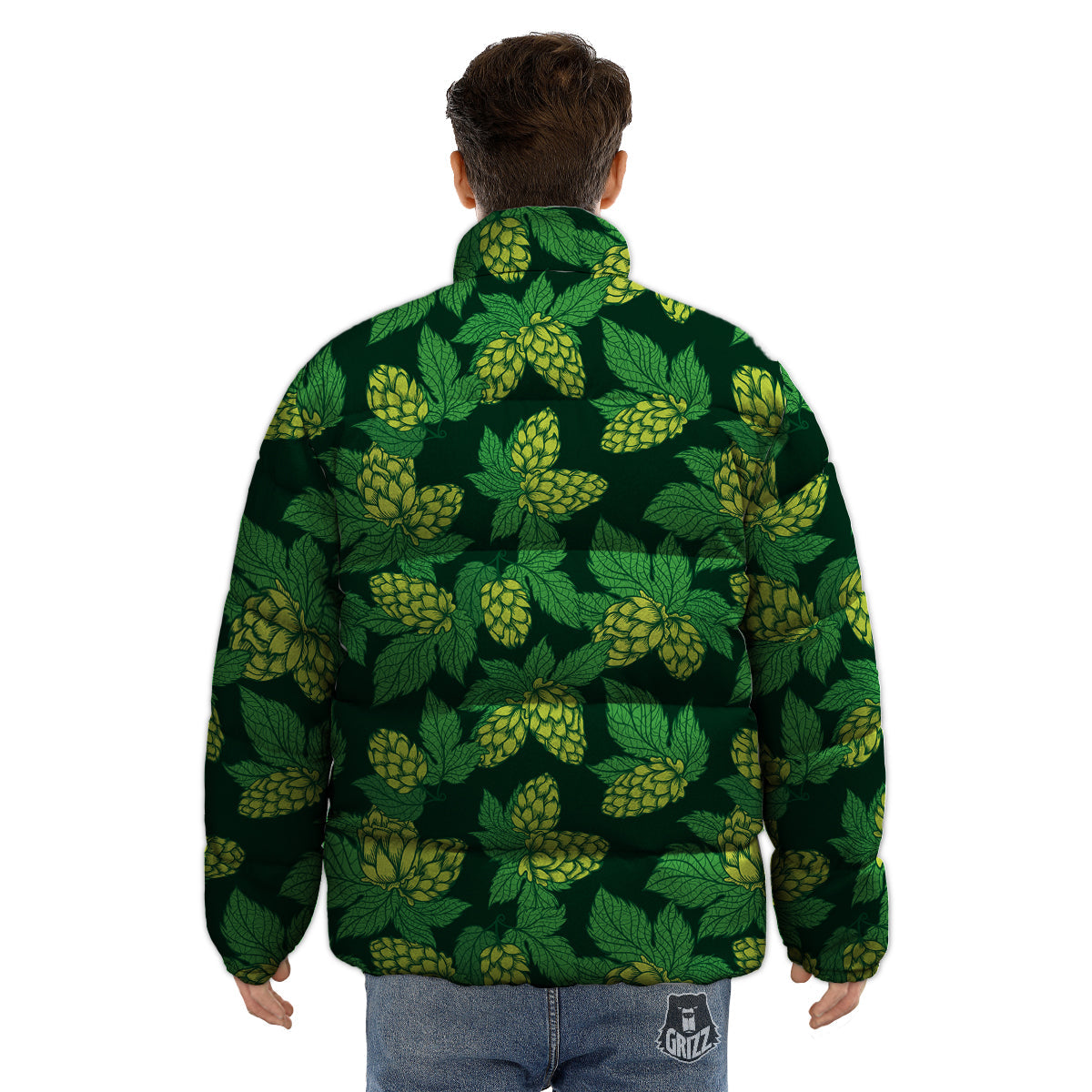 Hop Cone Vintage Print Pattern Puffer Jacket-grizzshop