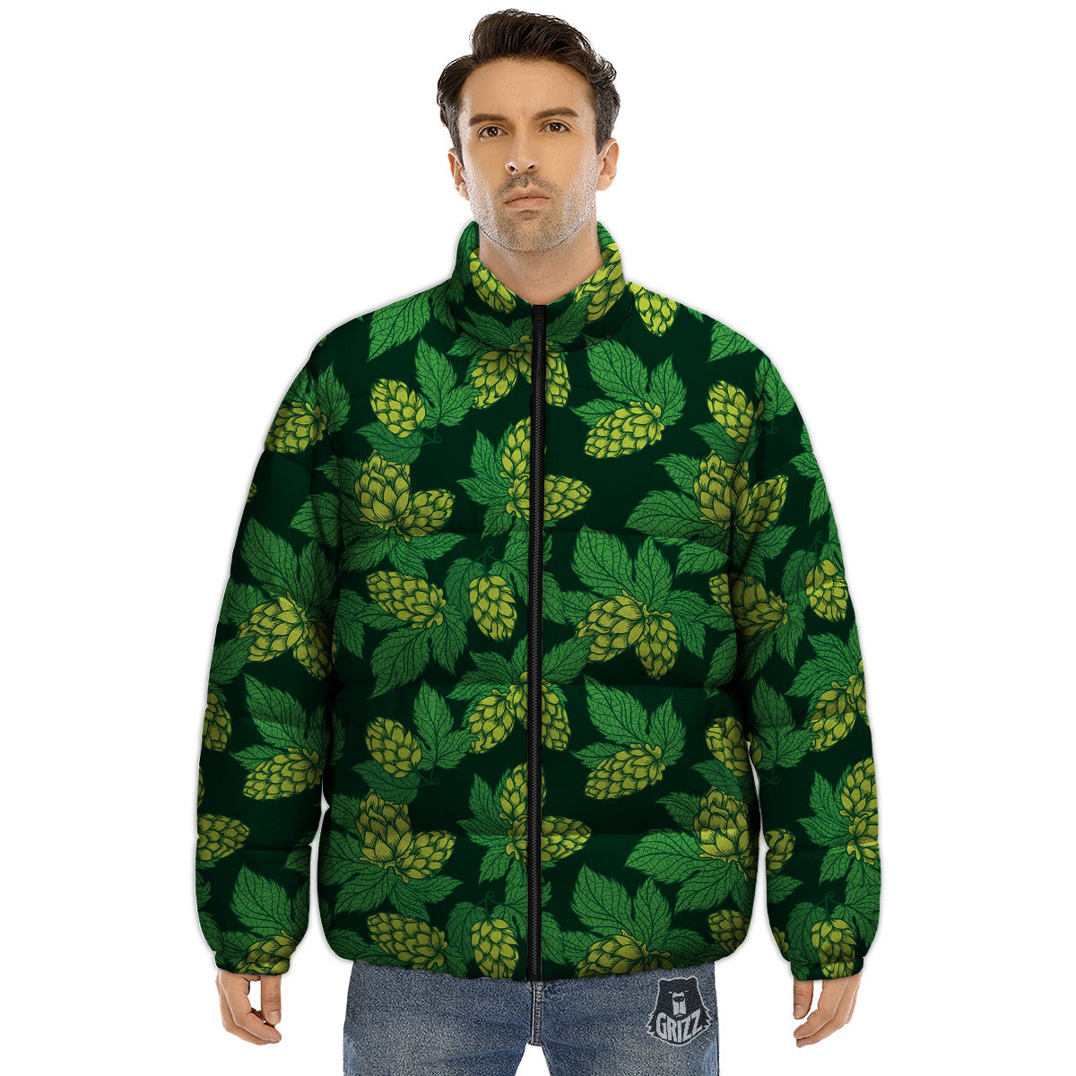 Hop Cone Vintage Print Pattern Puffer Jacket-grizzshop