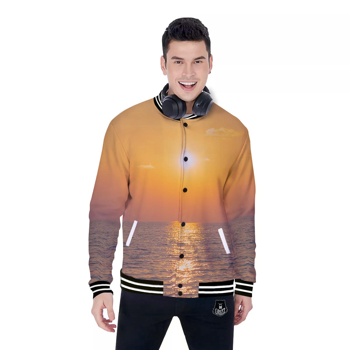 Horizon Sunrise Print Baseball Jacket-grizzshop