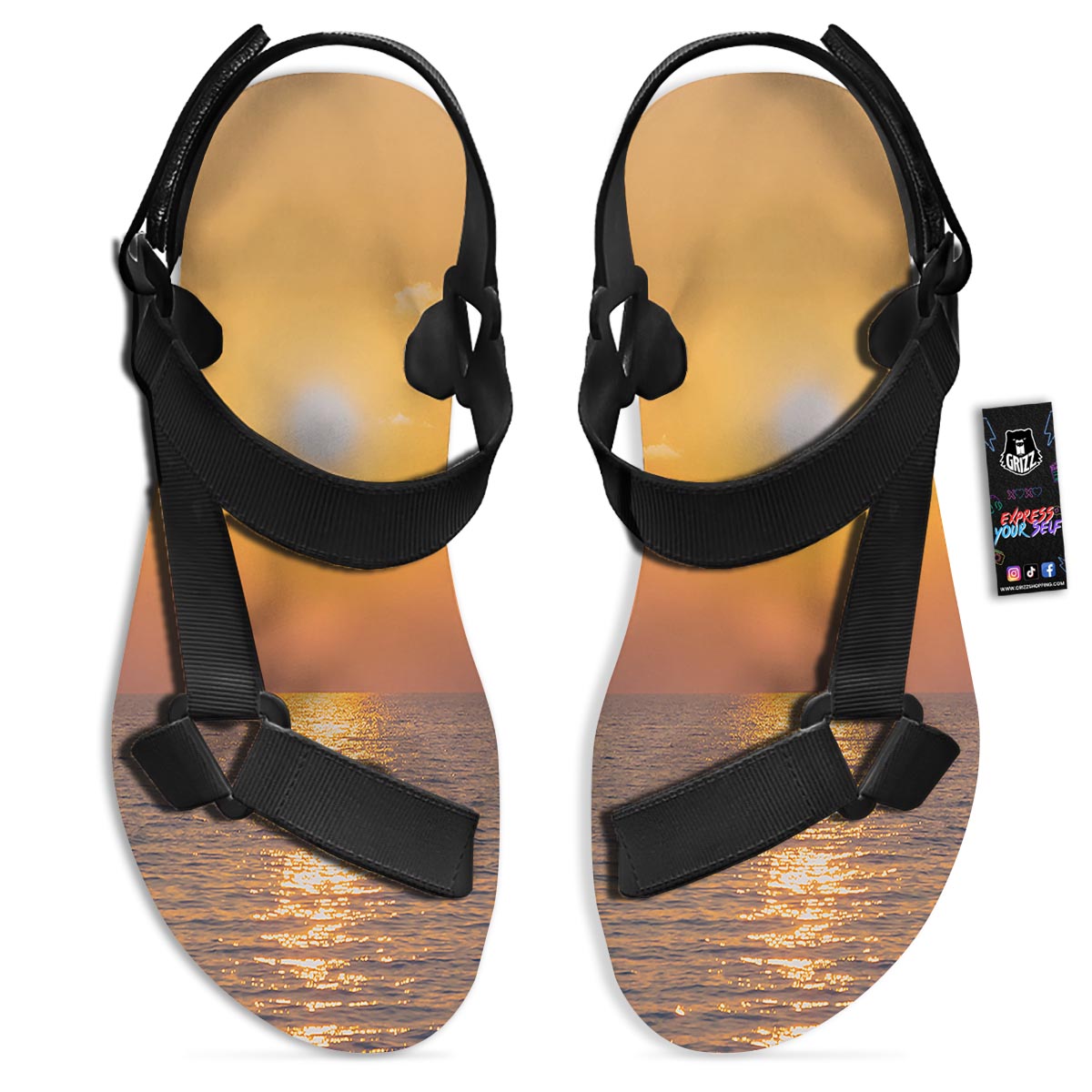 Horizon Sunrise Print Black Open Toe Sandals-grizzshop