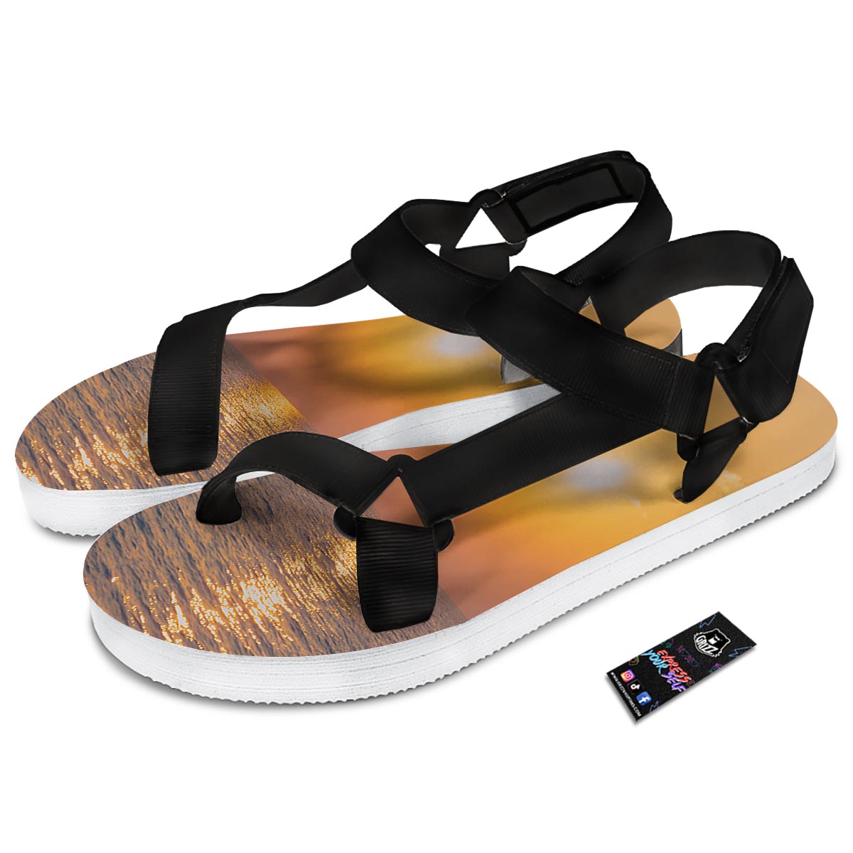 Horizon Sunrise Print Black Open Toe Sandals-grizzshop